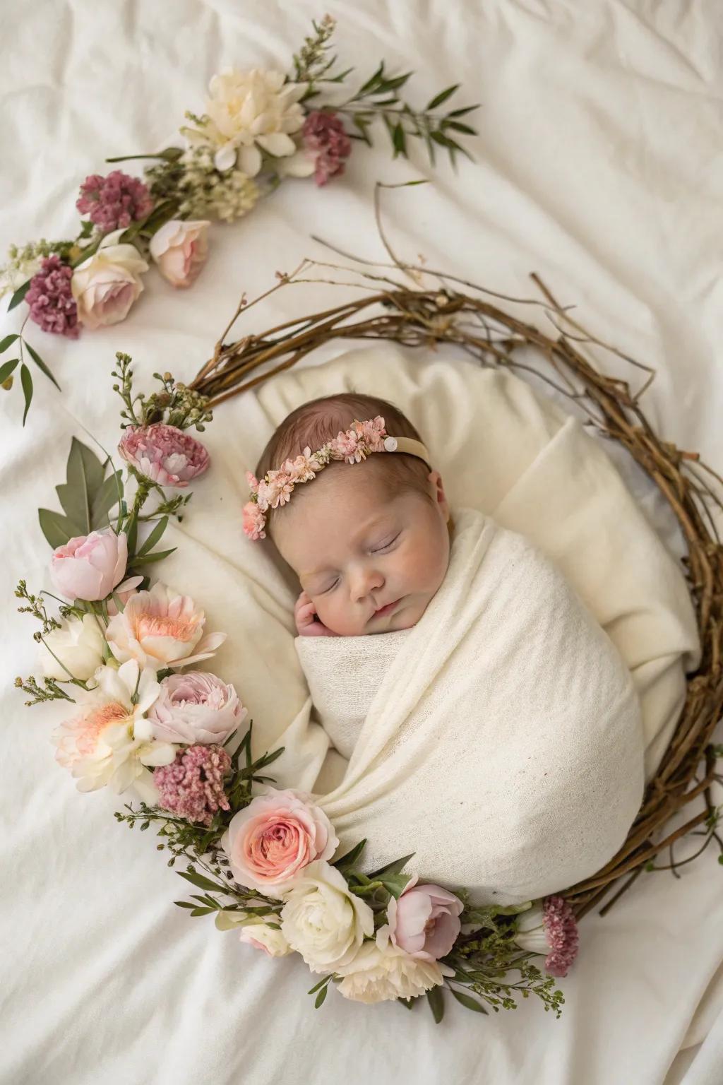 A newborn nestled beautifully in a floral wreath.