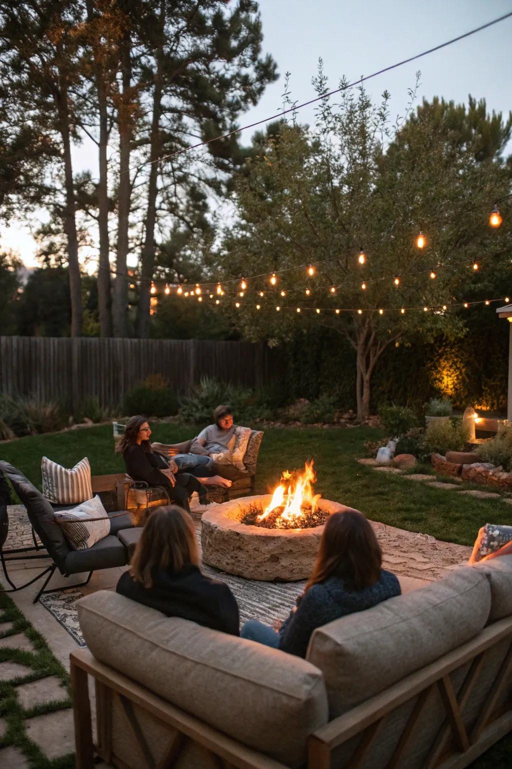 A fire pit creates a warm and inviting centerpiece for your night's gathering.