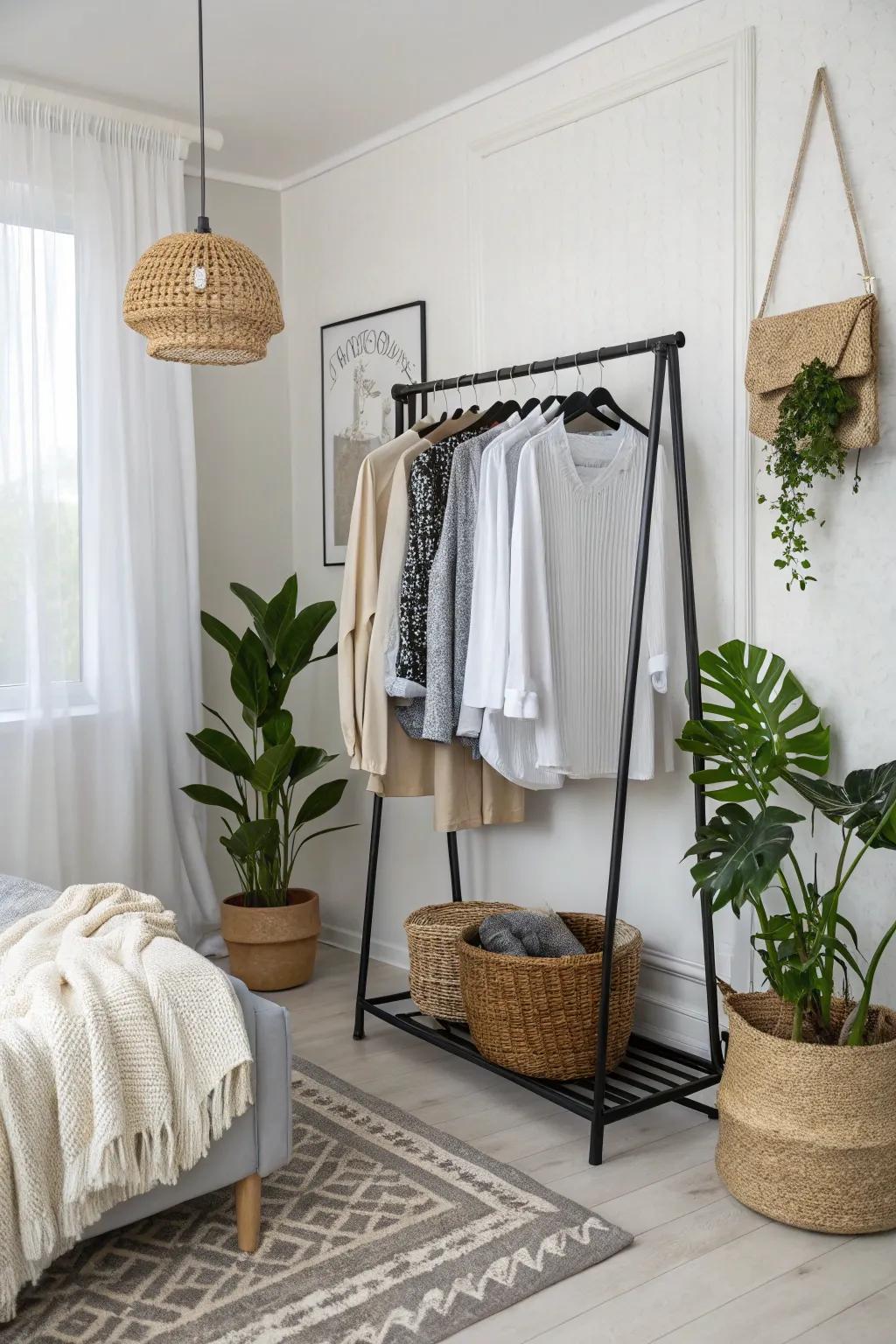Stylish clothes rack in a modern-looking bedroom