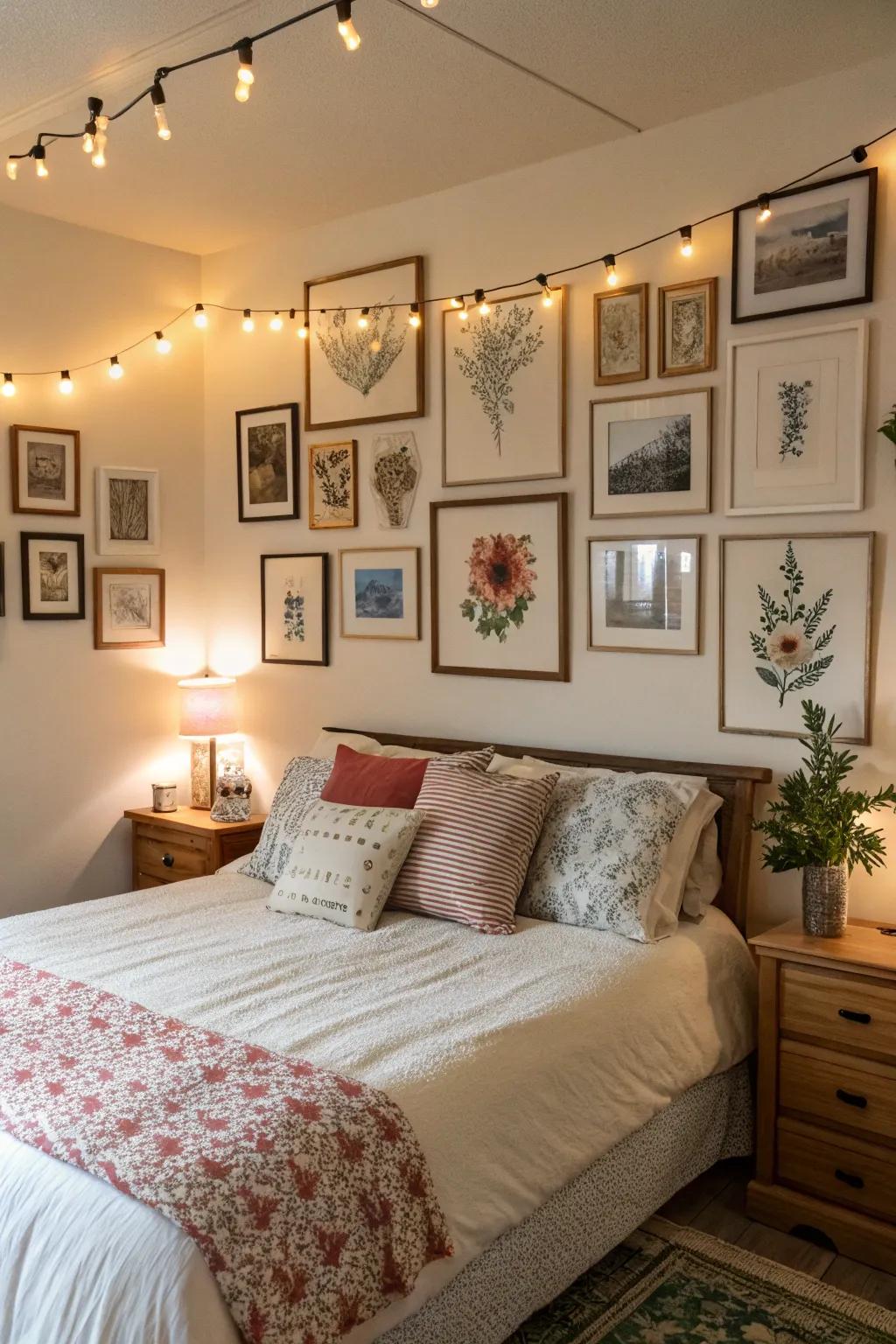 A gallery wall brings personal flair and a cozy feel to the bedroom's style.