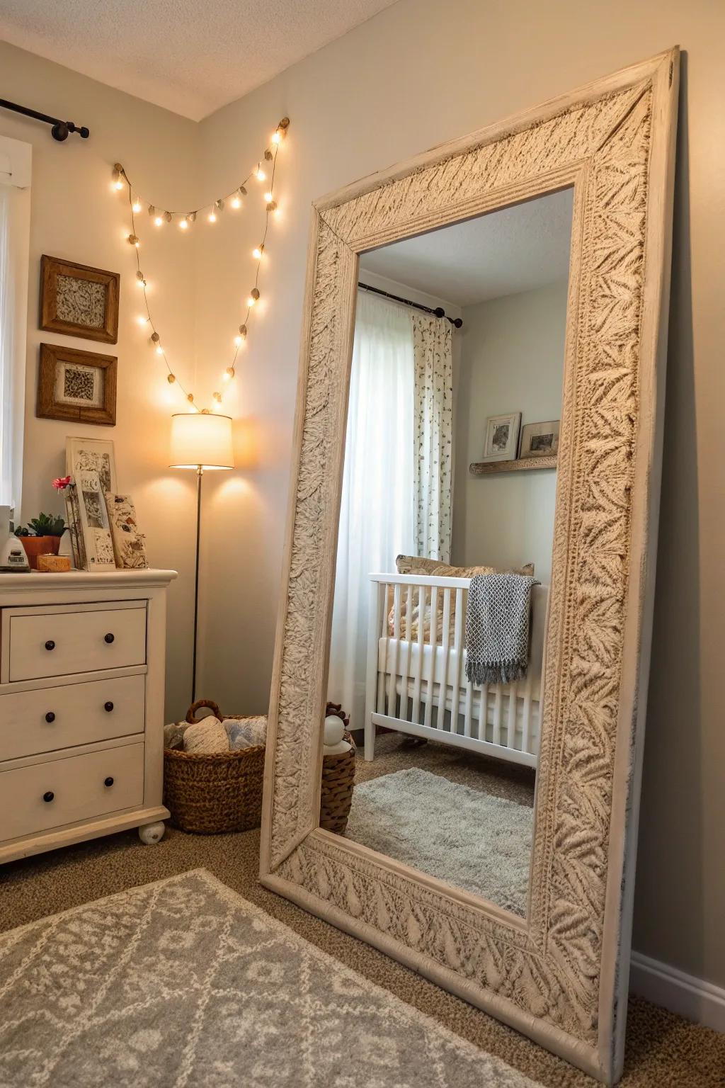A detailed reflector with a unique frame commands attention as the centerpiece in this nursery.
