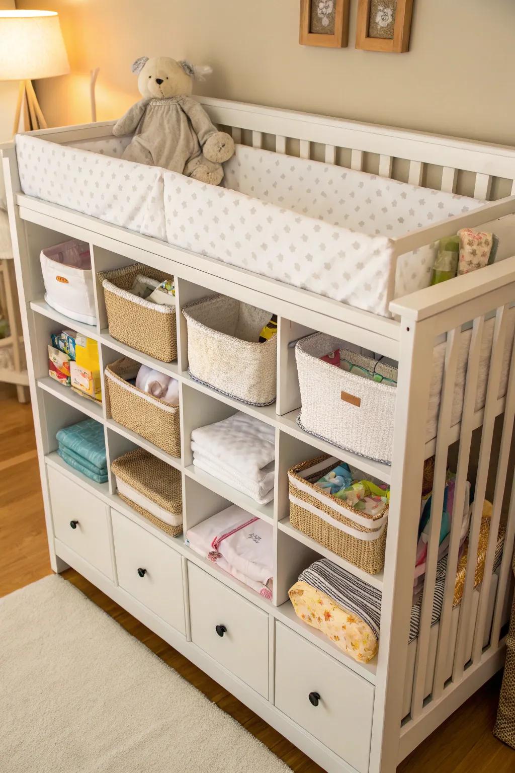 A versatile bassinet featuring storage compartments, ideal for saving space.