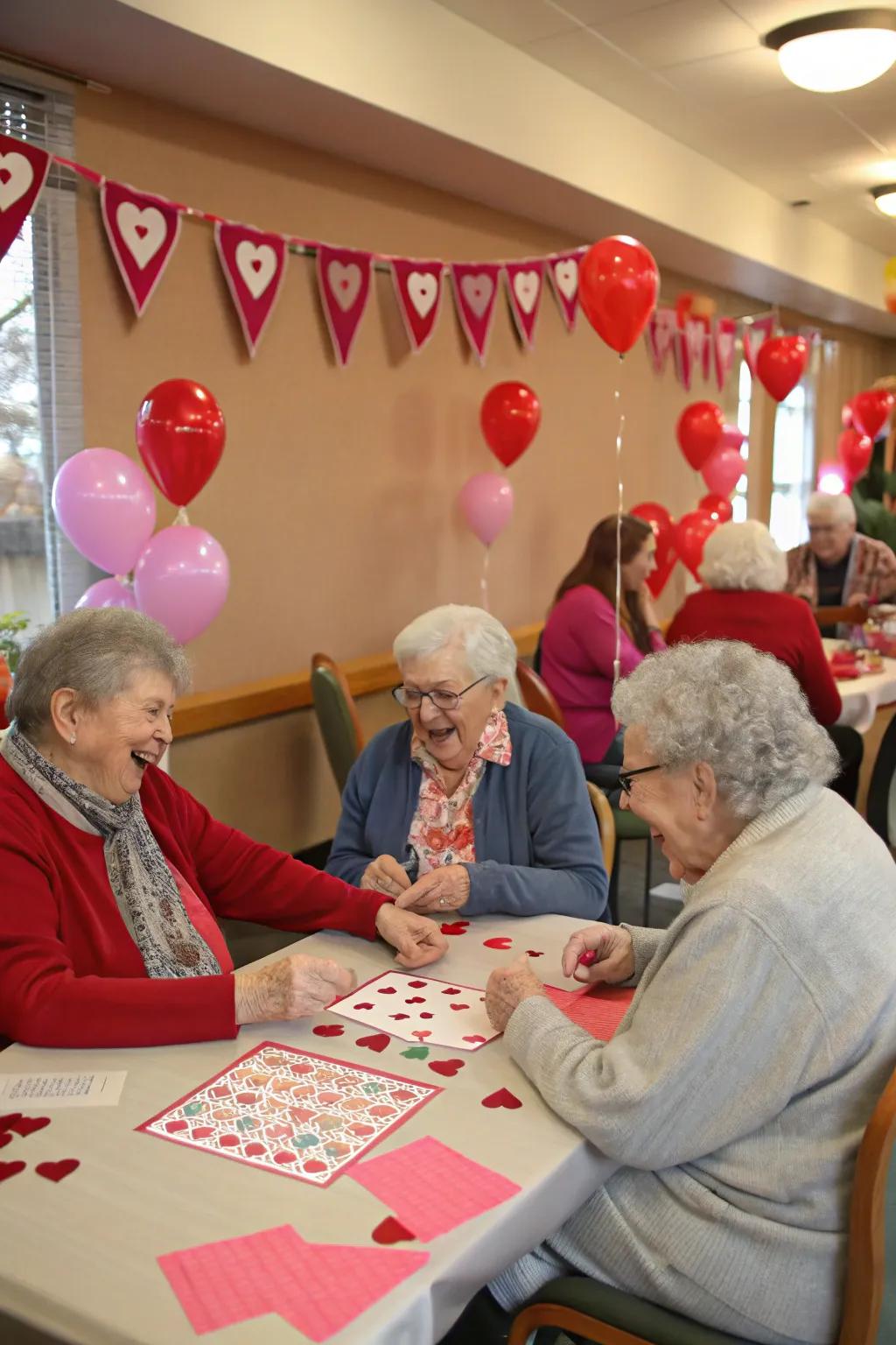 Residents reveling in a Valentine's-themed bingo game.
