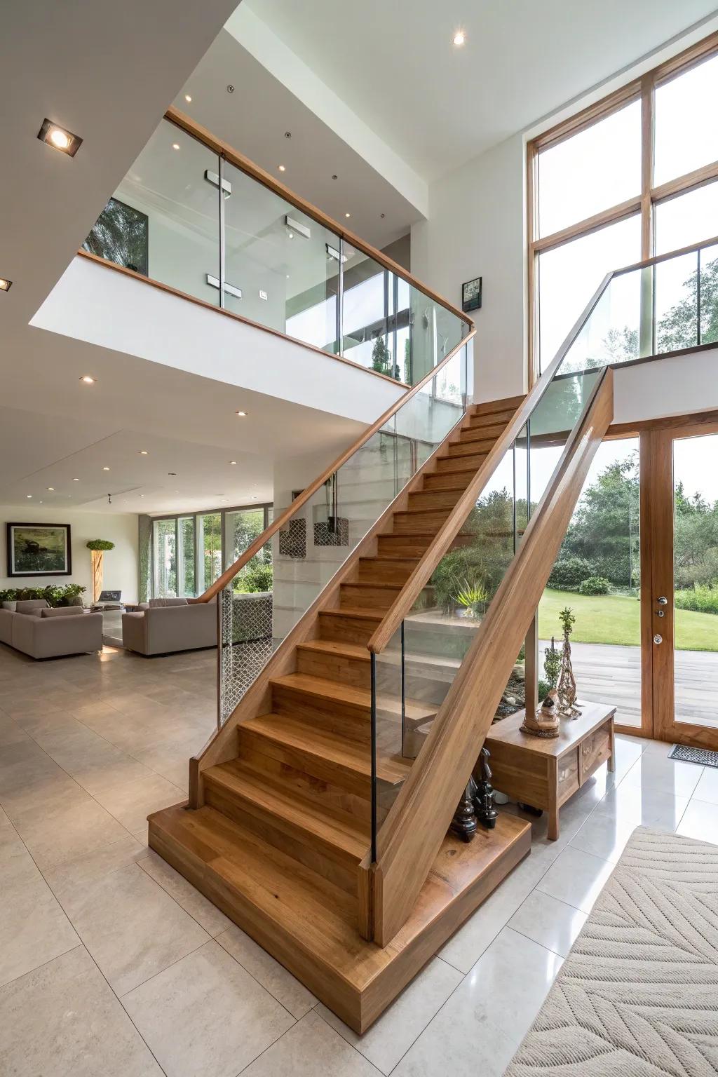 An up-to-date fusion of oak and crystal for an elegant stairwell design.