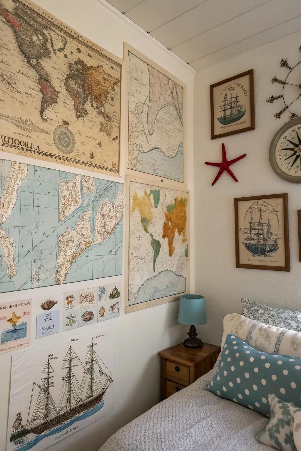 Nautical charts and maritime art infuse your bedroom walls with the spirit of the sea.