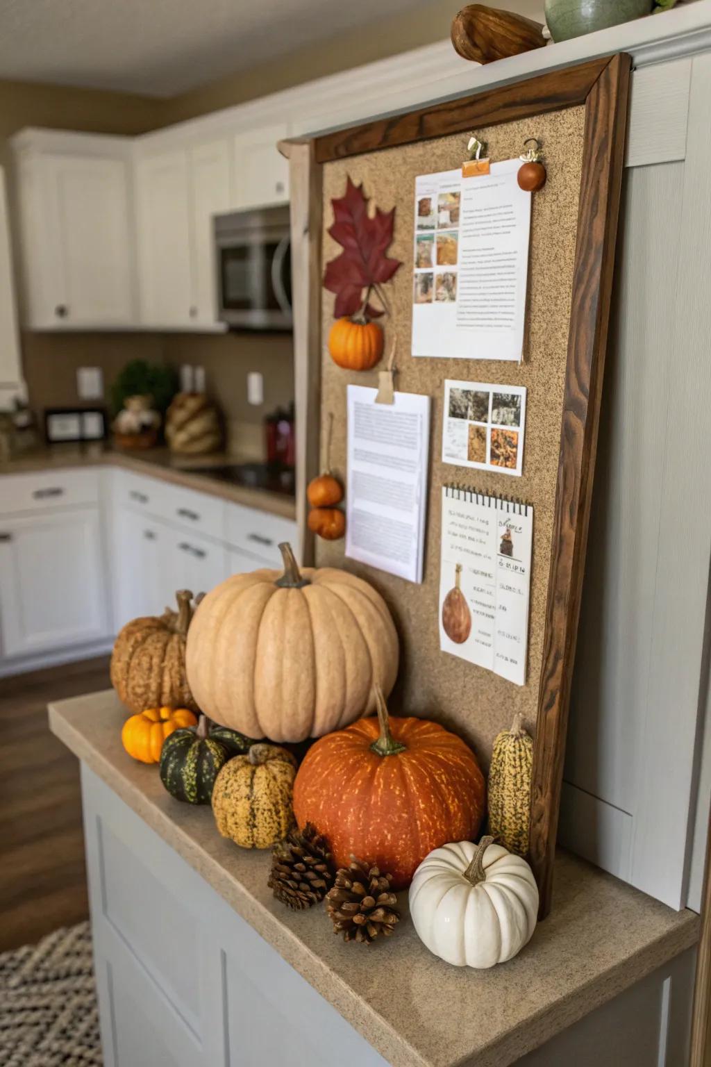 A cooking area corner bulletin board styled as a gourd garden.