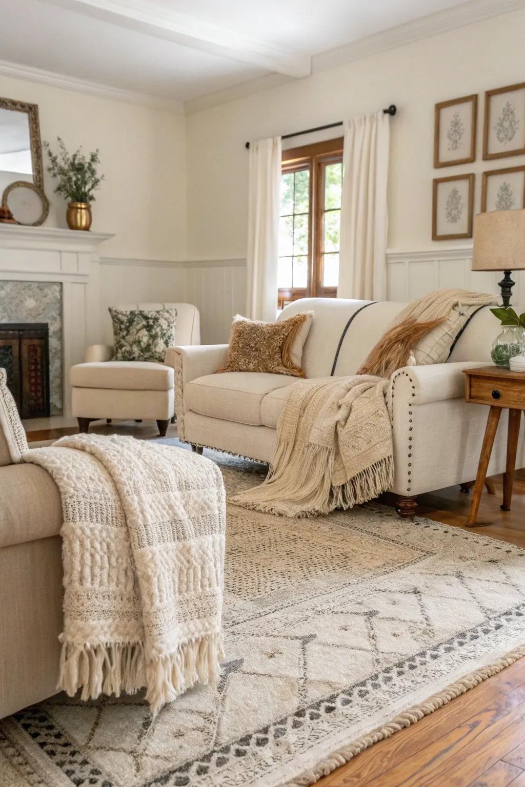 Textured arrangements transform an off-white living area into a snug refuge.