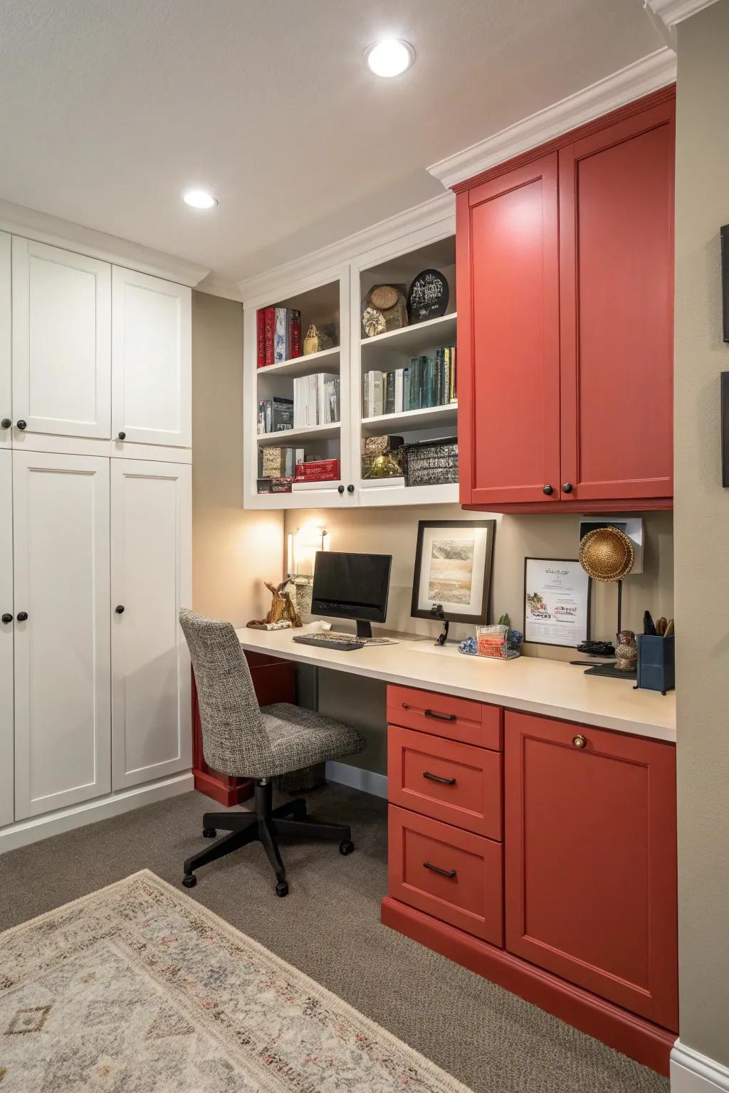 Contrasting cabinet facades bring energy to your office.