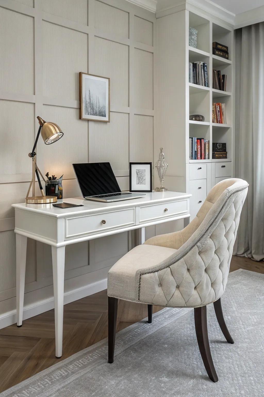 A sleek desk and stylish chair create a modern and welcoming workspace.