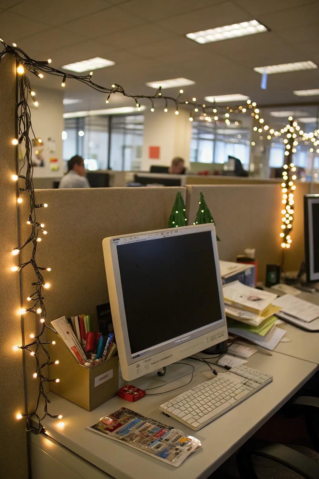 Glimmering strand lights transform your desk into a focal point filled with holiday spirit.