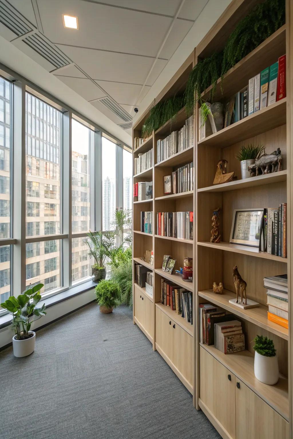 High bookshelves provide lots of space and give an elegant feel to any office reading space.