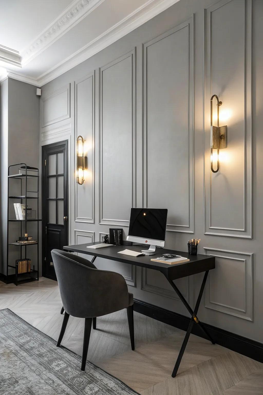 Simple wall lamps complementing an uncluttered office design.