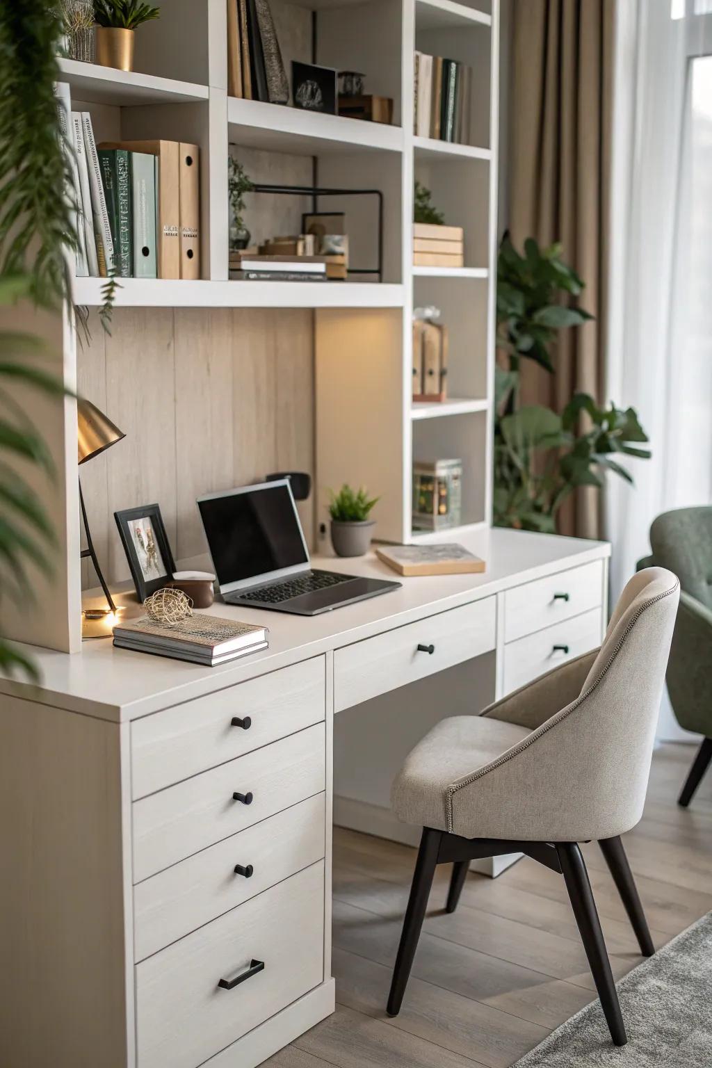 A desk that does double duty by offering both a place to work and store items.