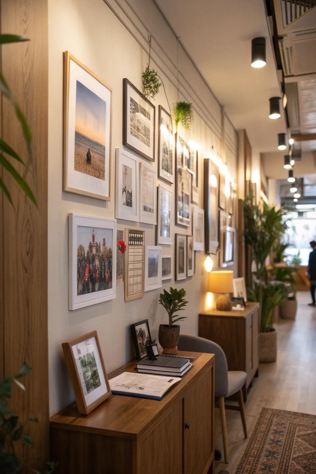 An assortment of items adorns the gallery wall, personalizing and enlivening the office.