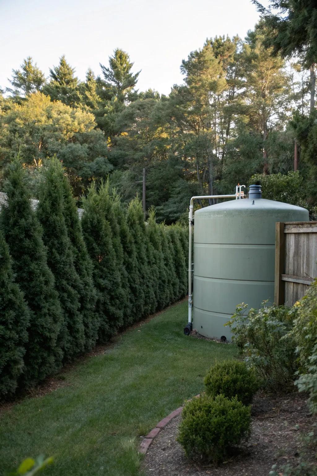 An oil container cleverly concealed by abundant evergreen shrubs.