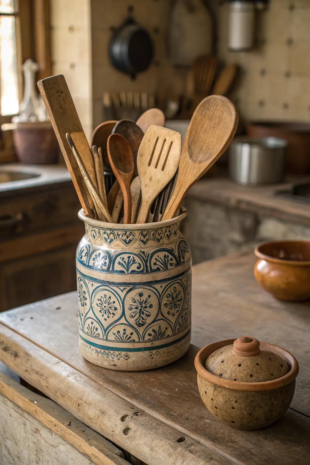 Maintain an organized cooking area with a rustic jug utensil sanctuary.
