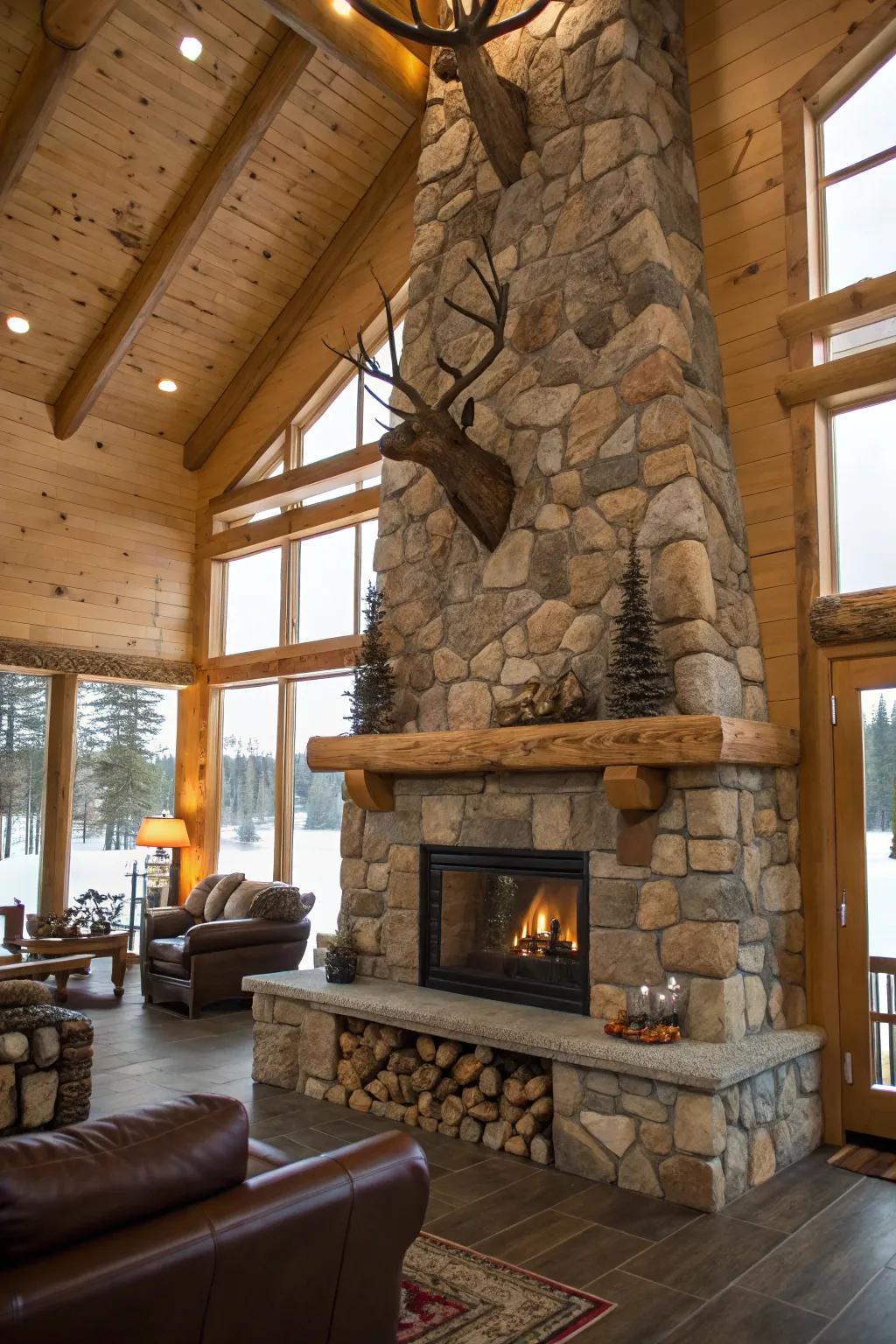 A grand stone fireplace as a main feature in a rustic hunting cabin.