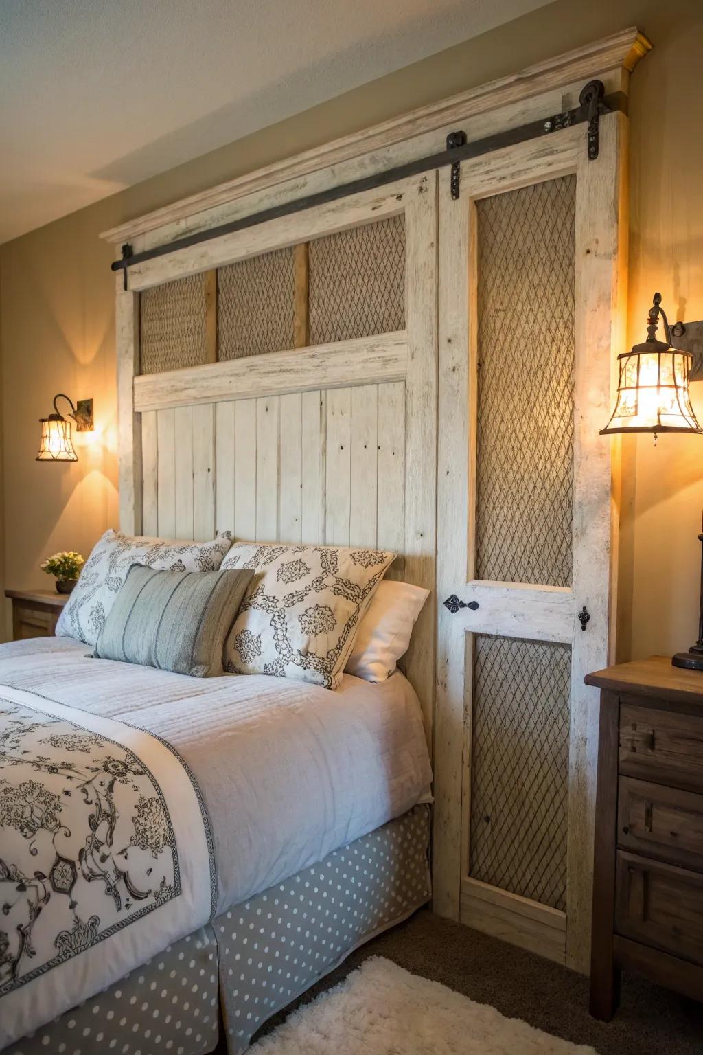 Revamp your bedroom with the allure of a country-style headboard made from an upcycled screen door.