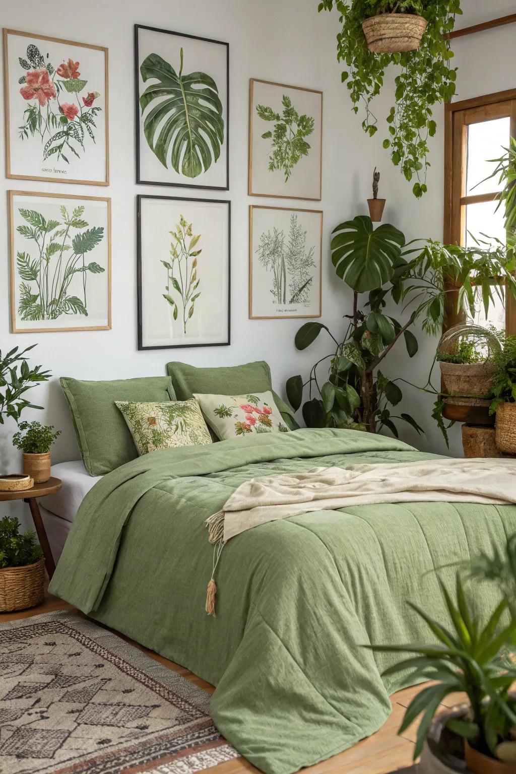 Botanical accents enhance the natural shades of olive green bedding.