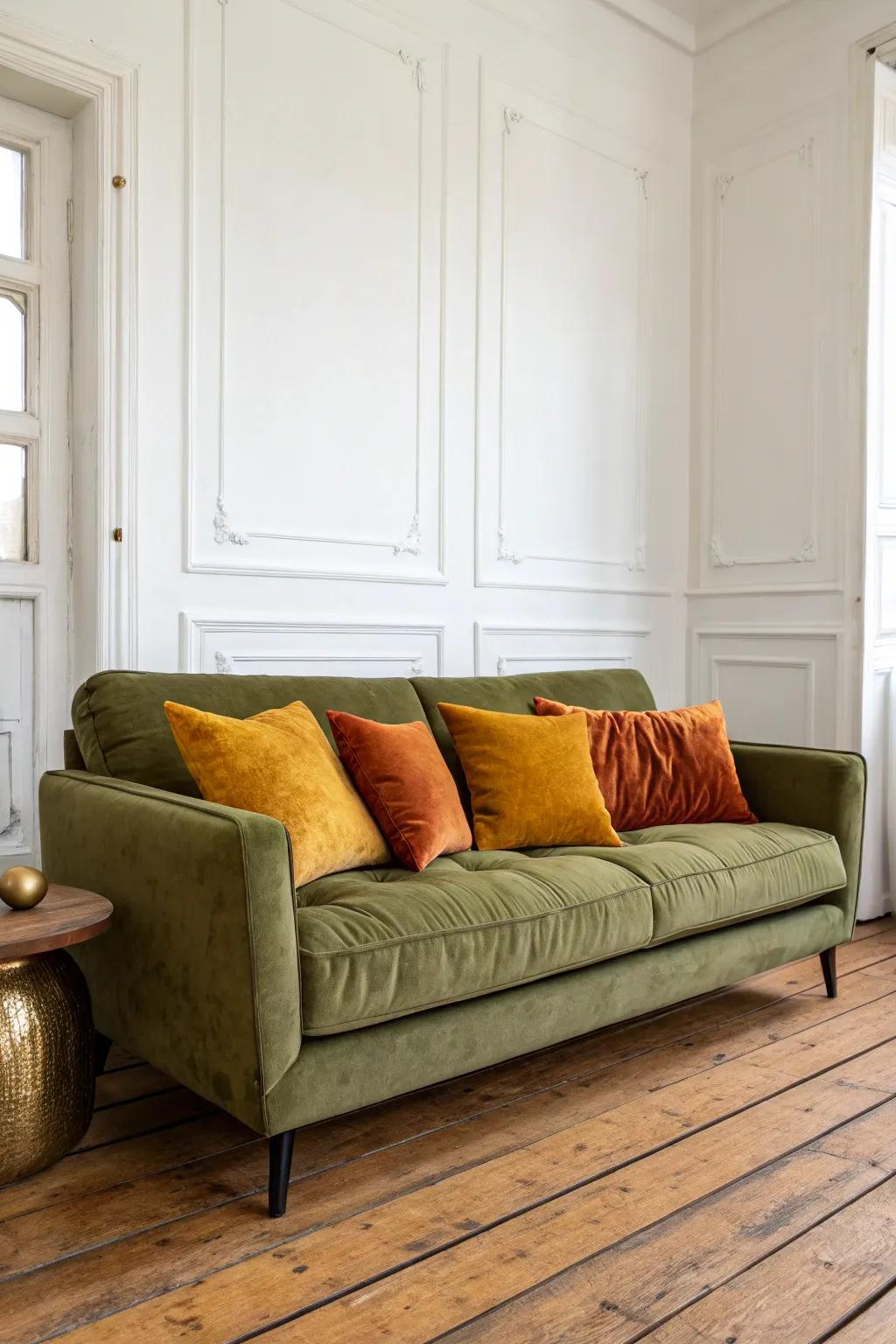 Radiant scatter cushions give an energetic contrast to the earthy-toned settee.