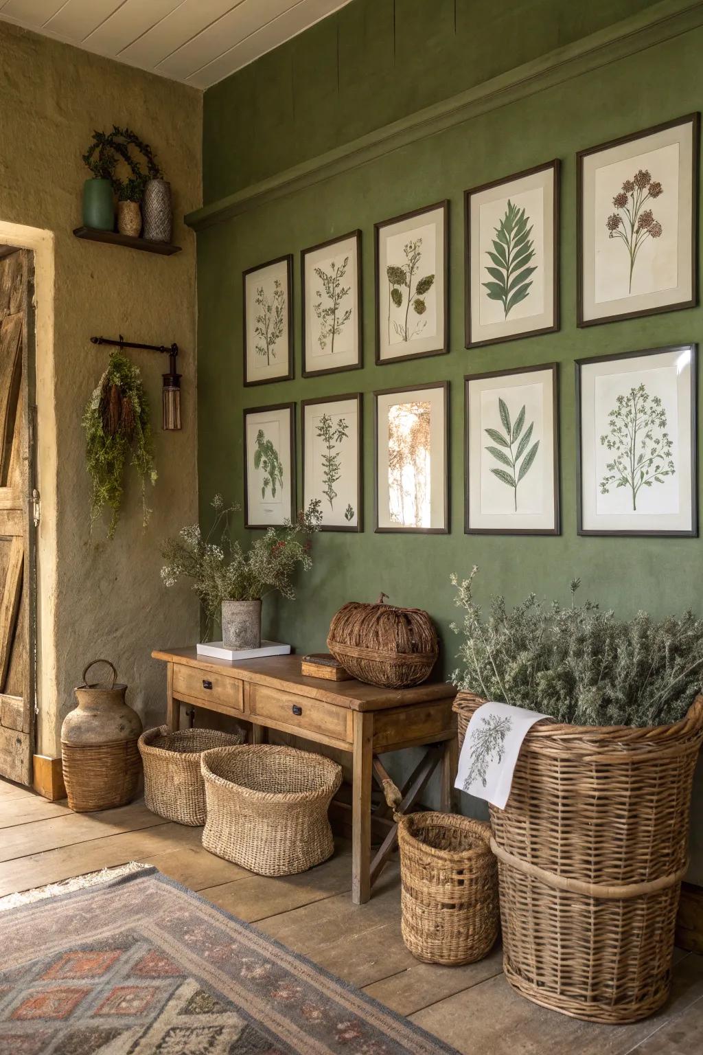 Art pieces and decor beautifully play off of the verdant olive walls.