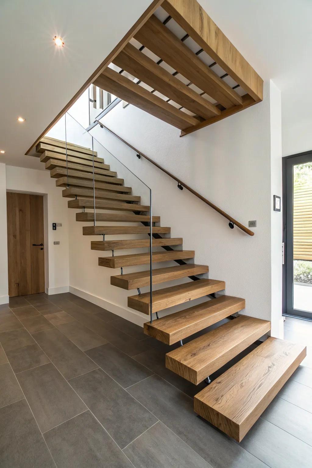 Floating stairs featuring wooden steps, crafting a polished and modern statement.