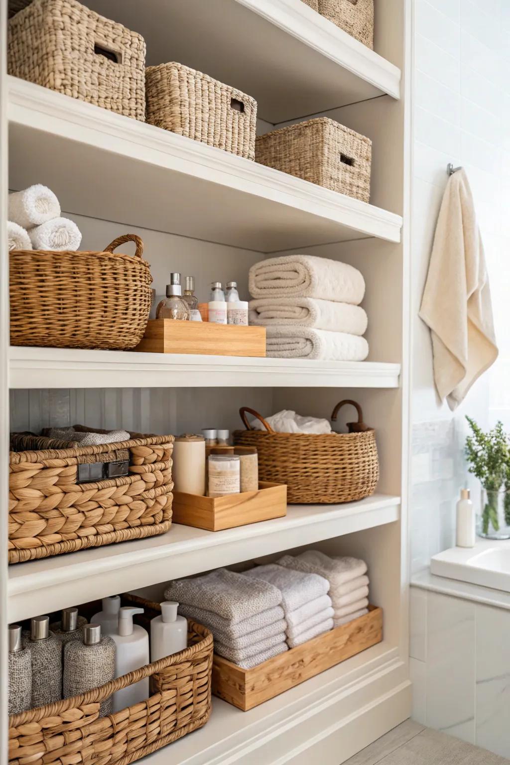 Woven baskets offer chic, tucked-away storage on open shelves.
