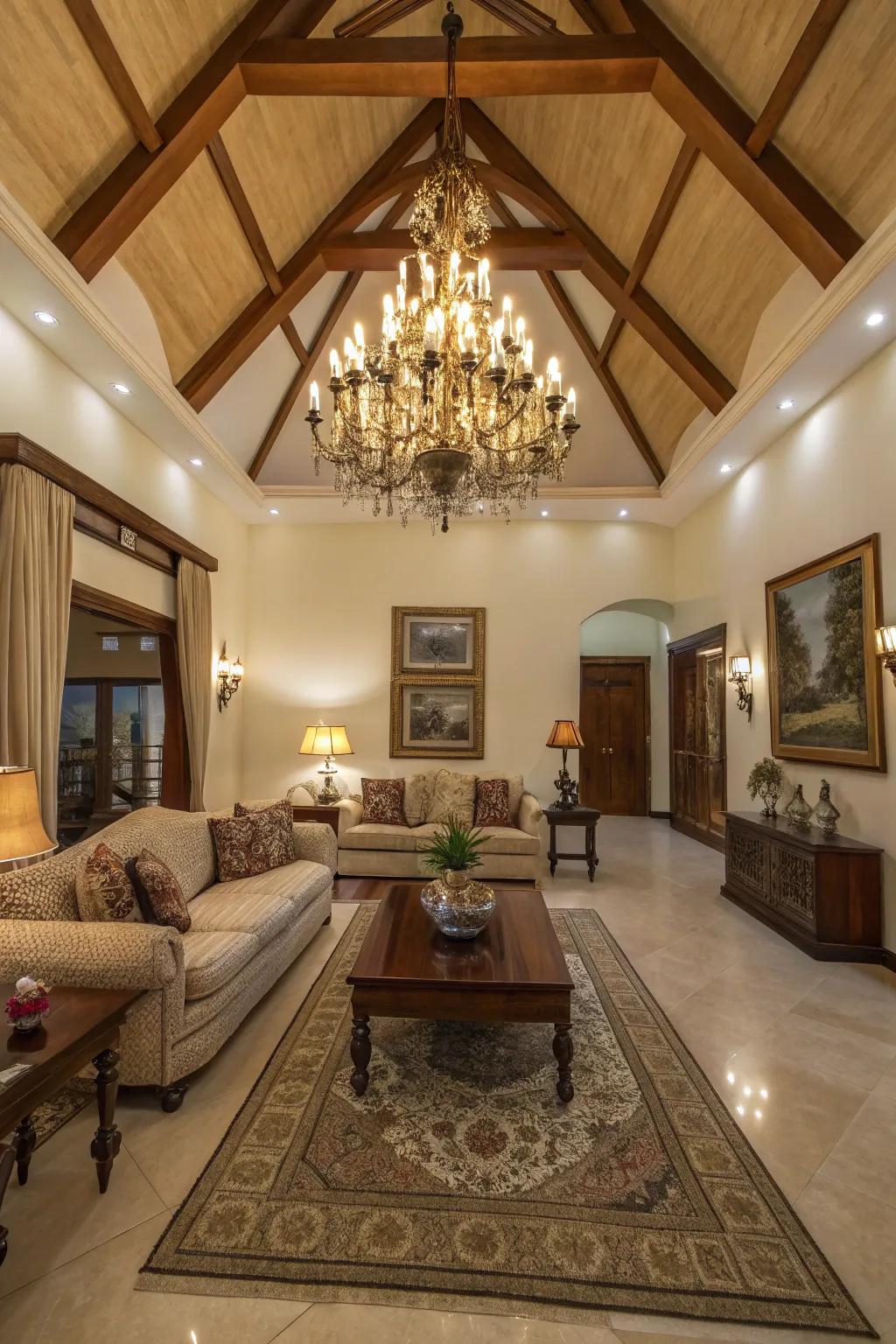 A living room featuring a striking cathedral ceiling complemented by an elegant chandelier.
