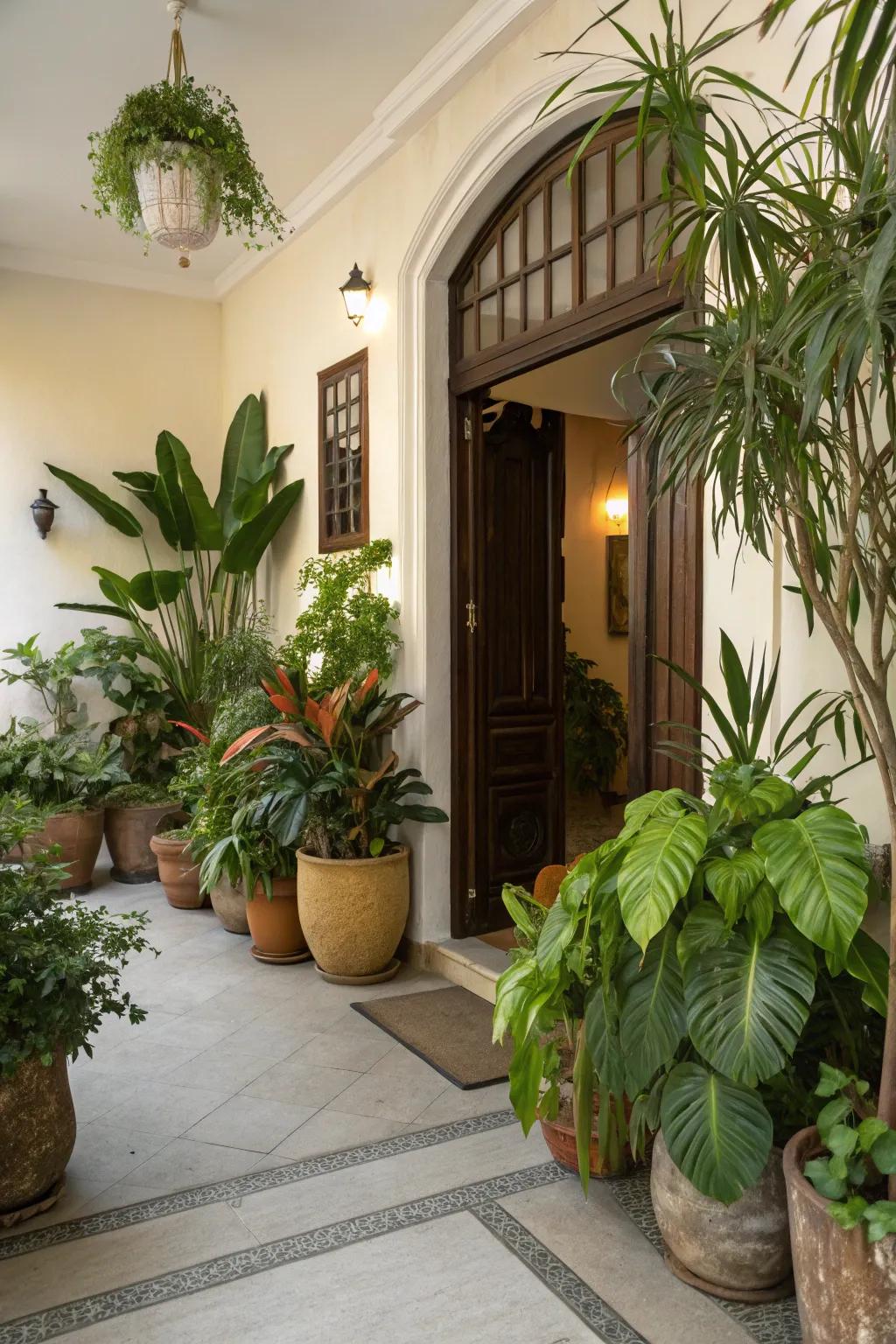 Greenery infuses vitality into an entryway, rendering it simultaneously rejuvenating and inviting.