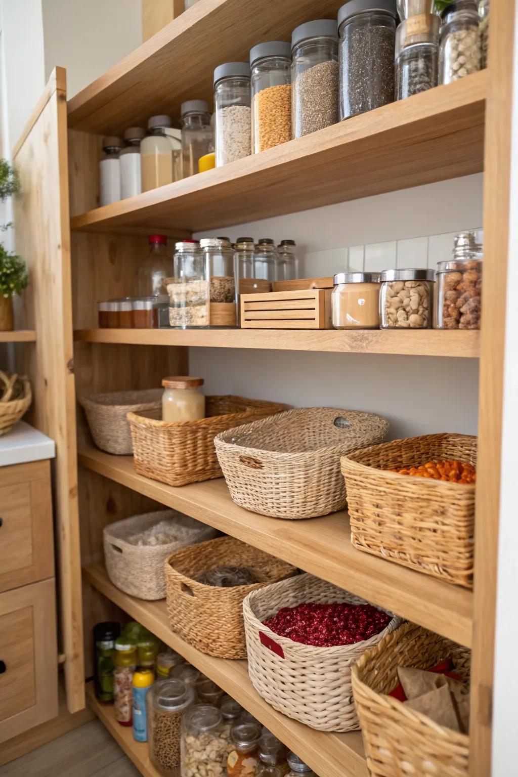 Natural wooden shelves and bamboo baskets add warmth to a pantry.