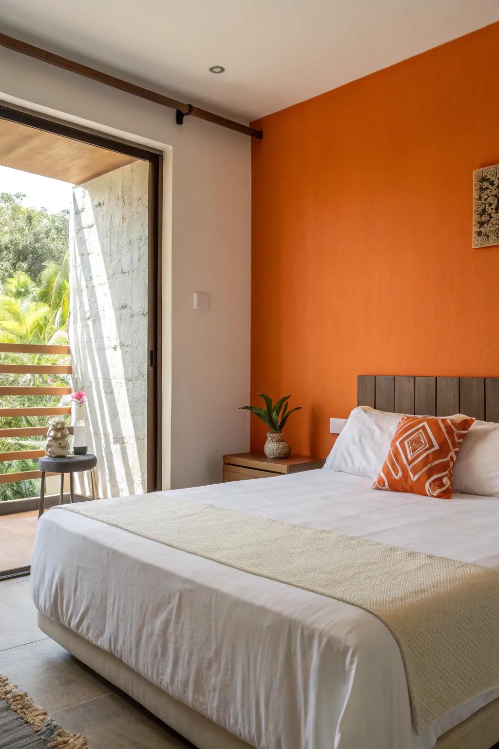 An orange highlight wall infuses a burst of color, sidestepping any sense of domination.