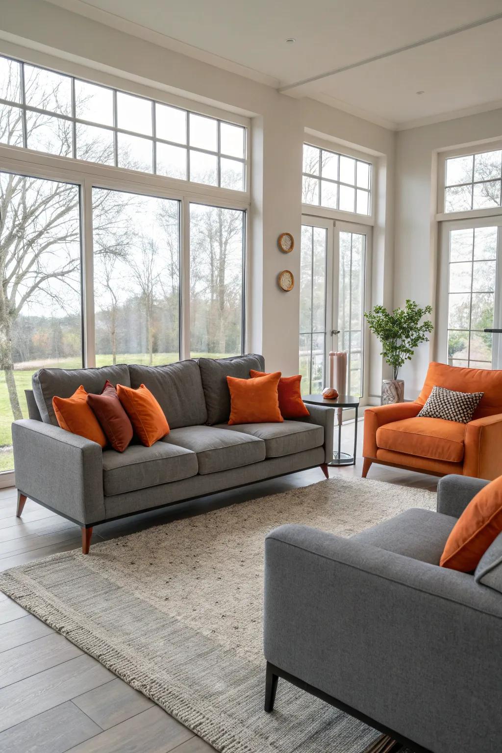 A harmonious lounge featuring zinc-colored furniture highlighted by tangerine cushions.