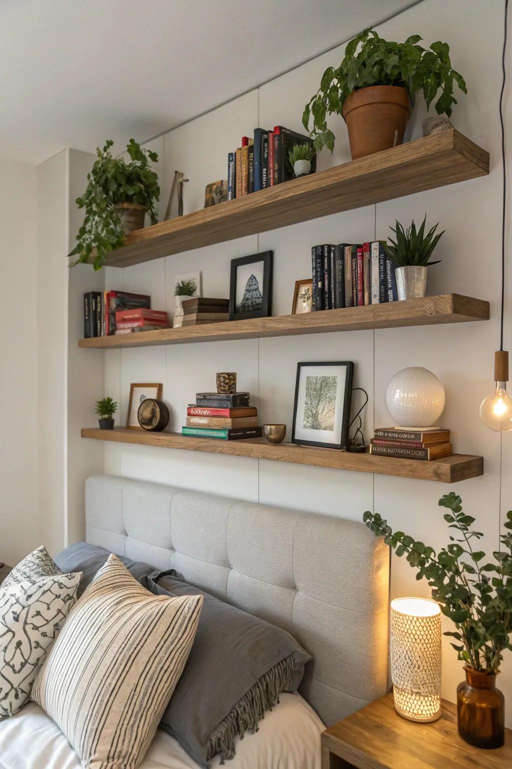 Enhance your storage strategy with fashionable floating shelves.