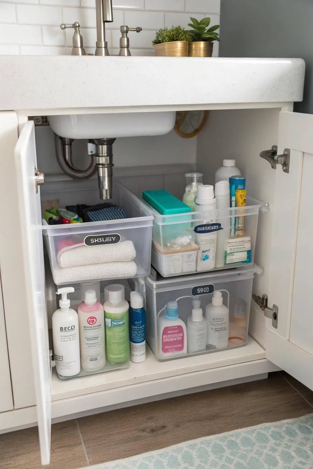 Clear storage bins make it easy to find what you need quickly.