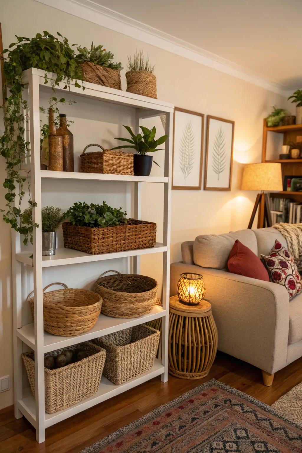 Baskets are a stylish storage solution for shelf arrangements