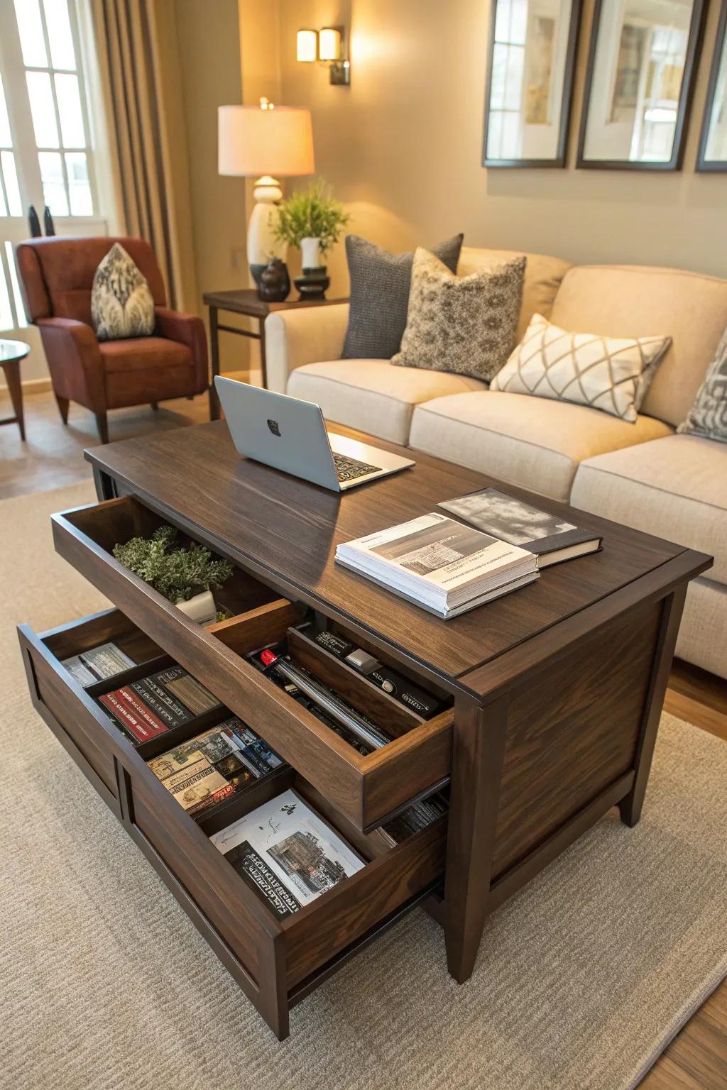 A coffee table with storage is both elegant and useful.