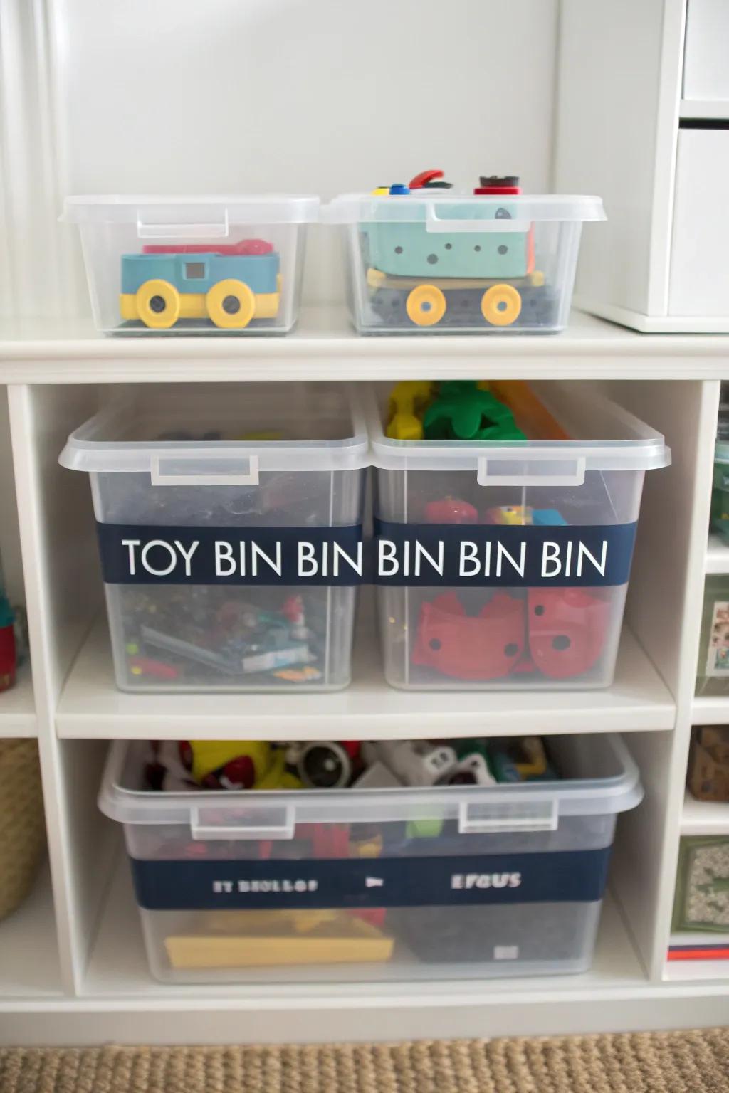 See-through holders make toy arranging simple.