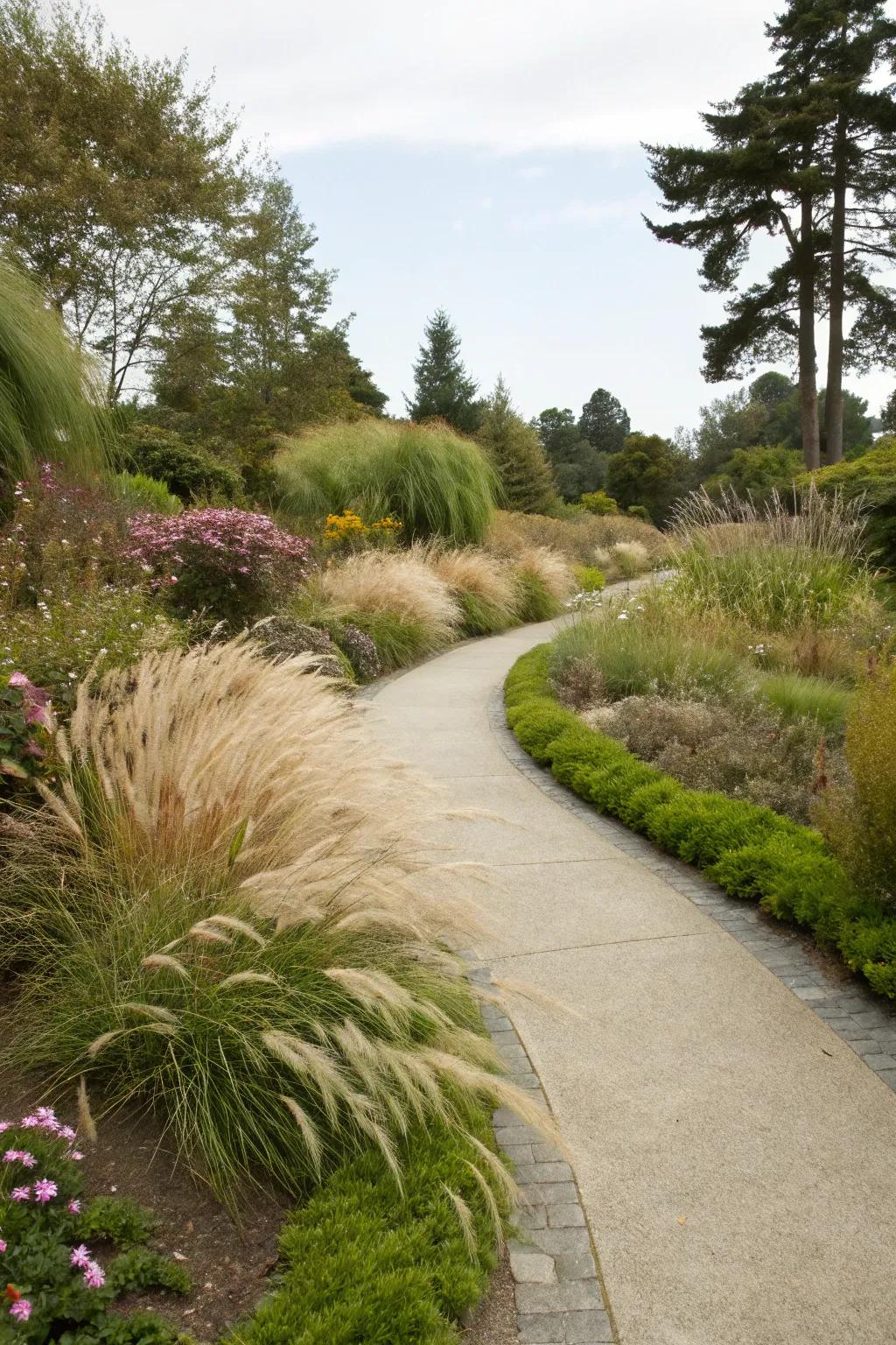 Pathways bordered by ornamental grasses create a natural guide.