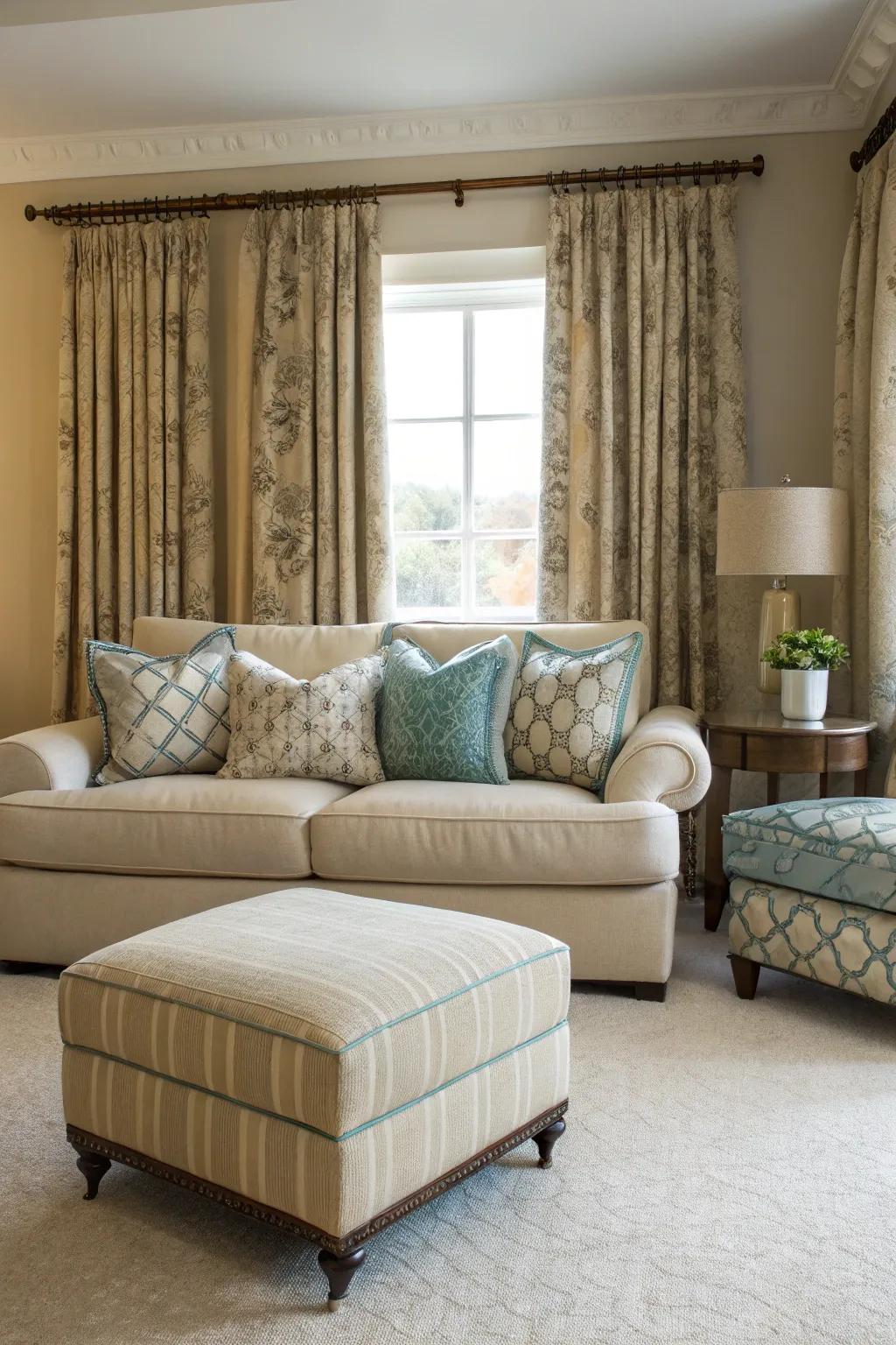 A coordinated color scheme featuring a matching ottoman.