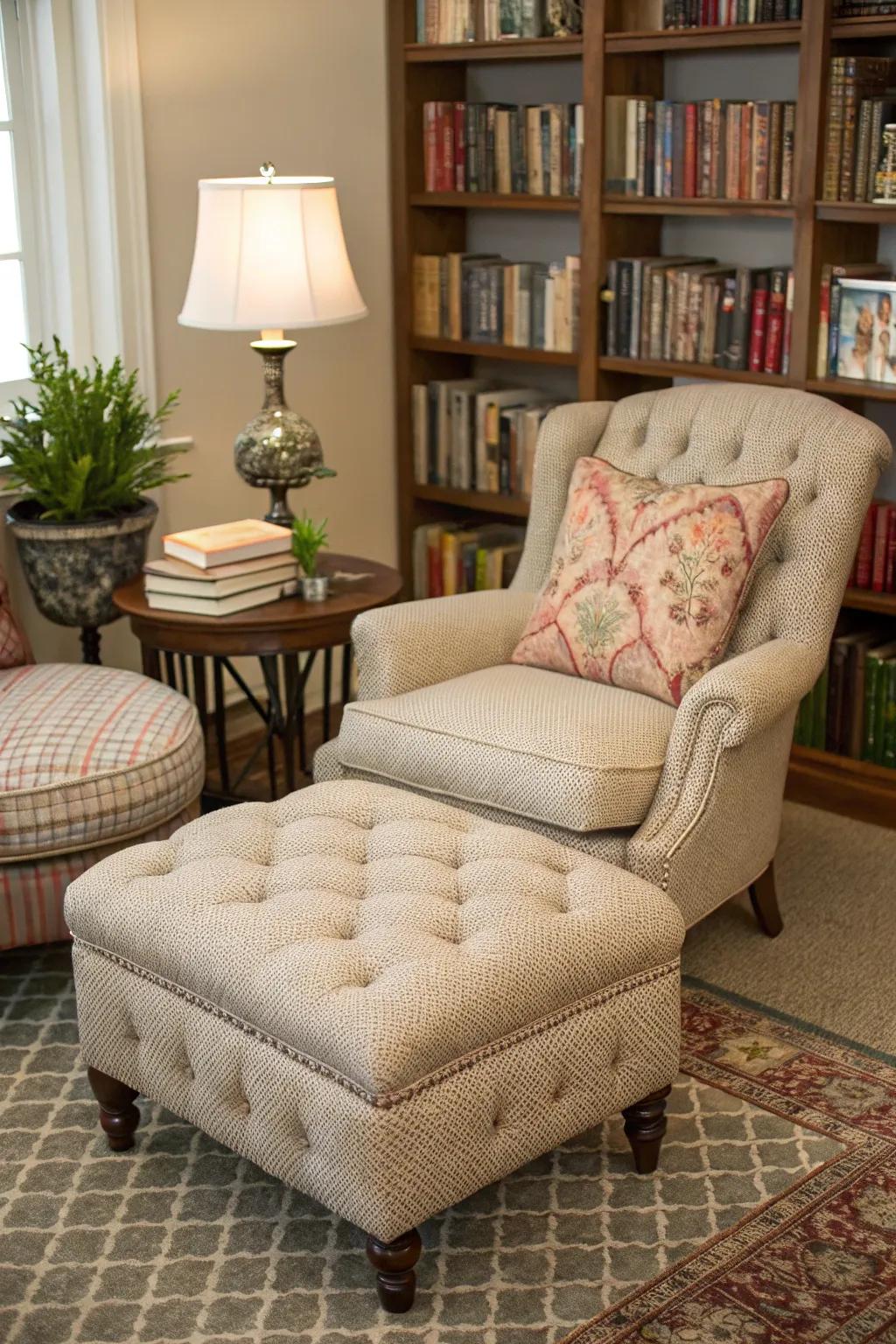 A quilted ottoman gives a luxurious vibe to a snug reading corner.