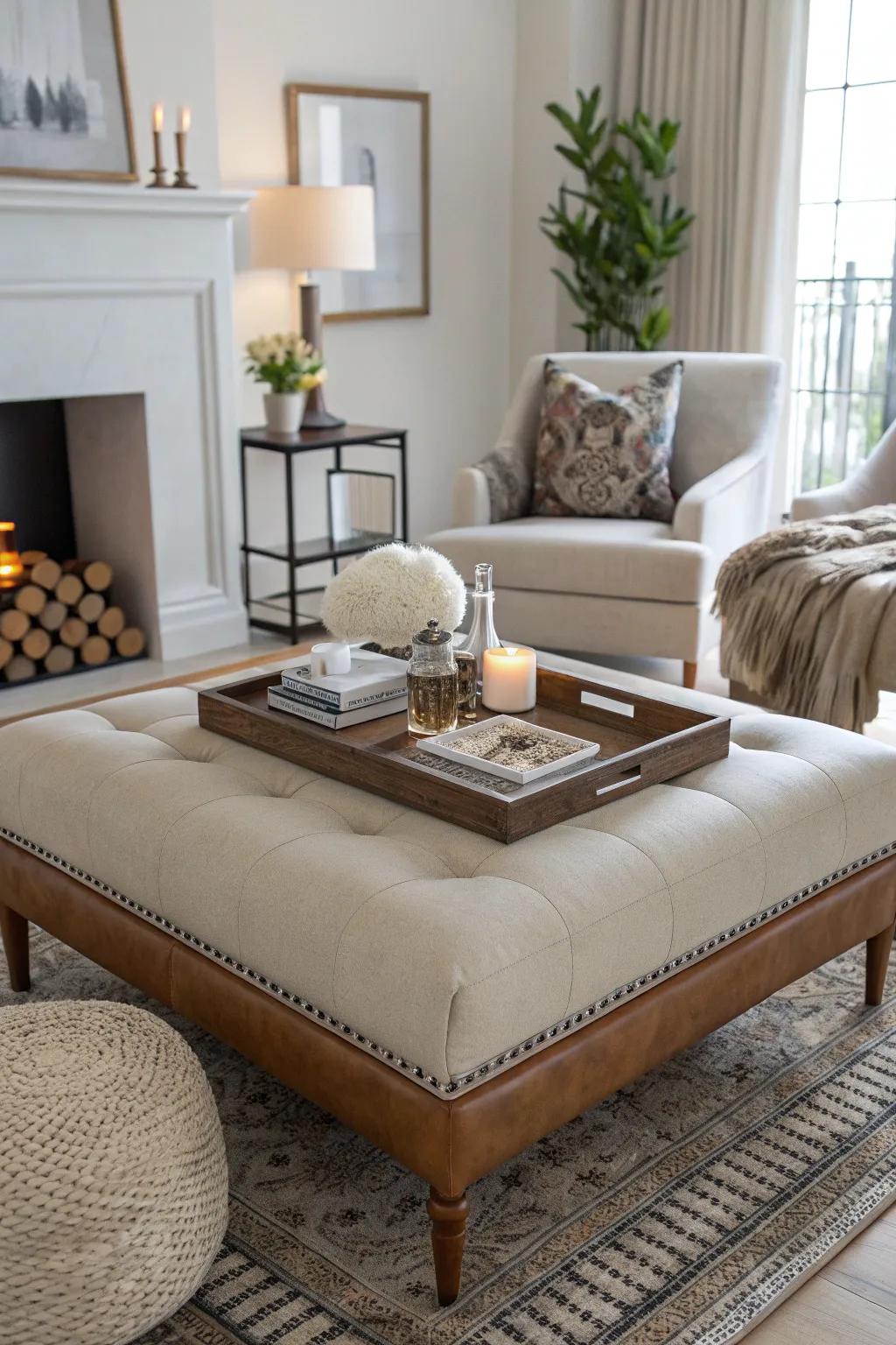 A footrest functioning as a chic central piece for a coffee table arrangement.