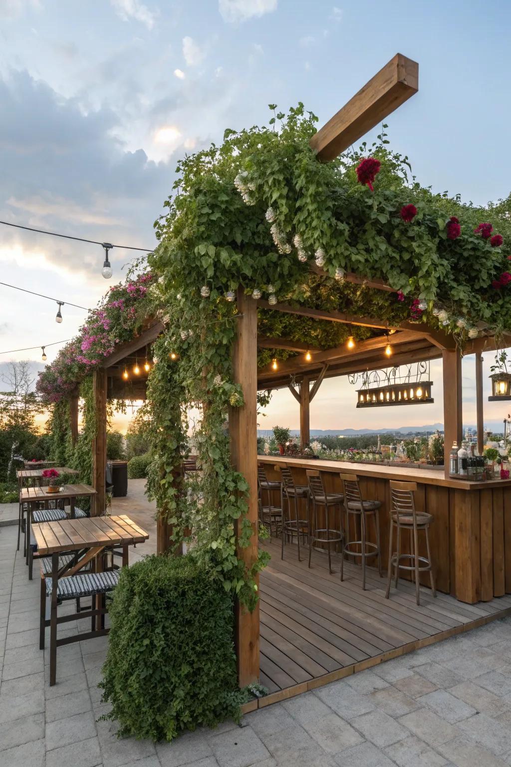 A pergola-covered bar provides fashionable shelter.