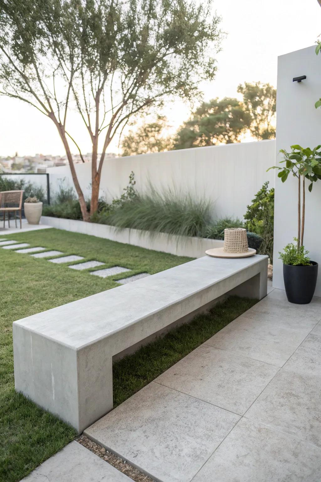 Chic and modern concrete bench creating a sophisticated outdoor setting.