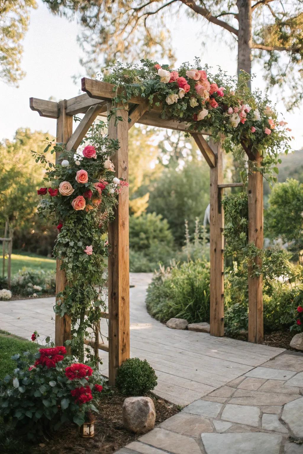 An earthy timber archway exquisitely adorned using blossoms and foliage.