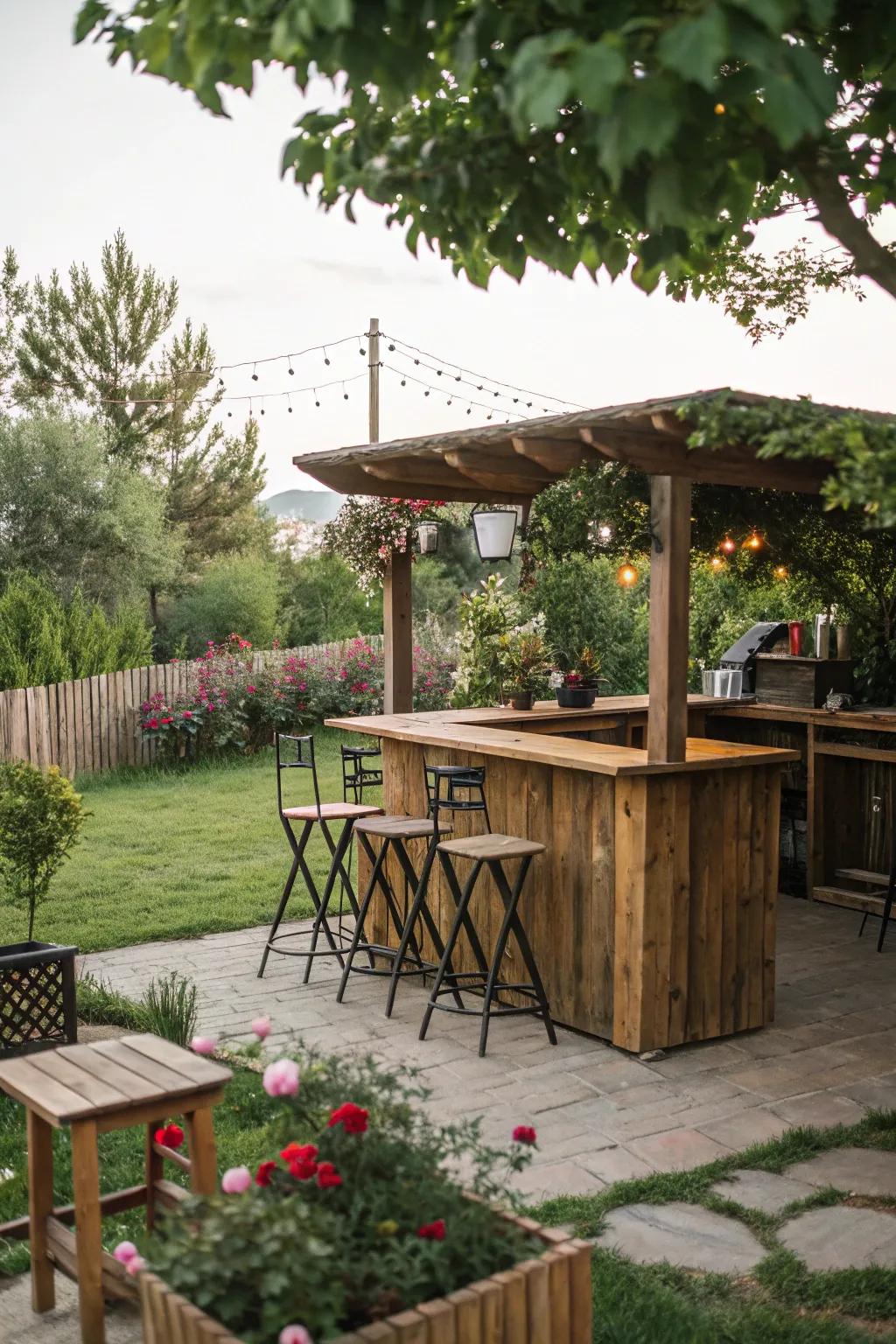 A cozy, country-style wooden java station great for backyard get-togethers.