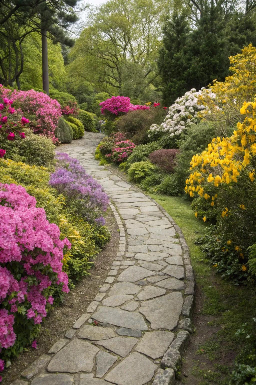 A captivating stone path leading through the abundant garden.