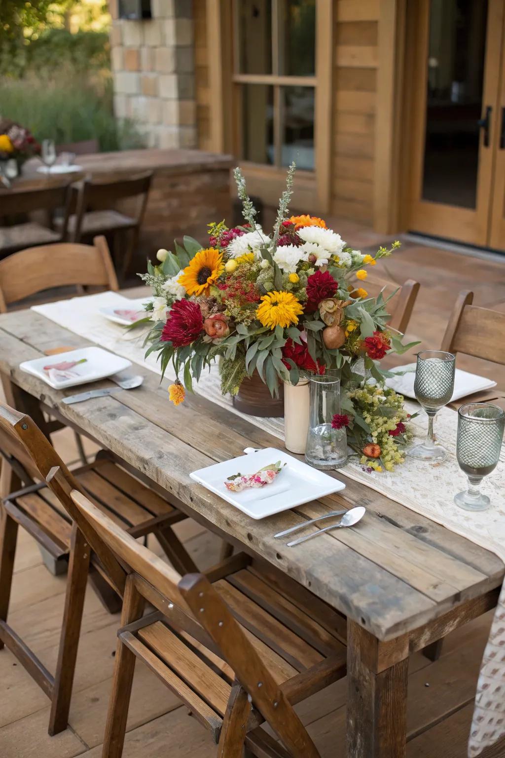 Weathered tables and seasonal blossom decorations impart charm.