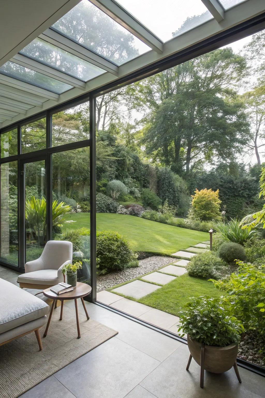 A contemporary garden retreat distinguished by its streamlined and expansive aesthetic.