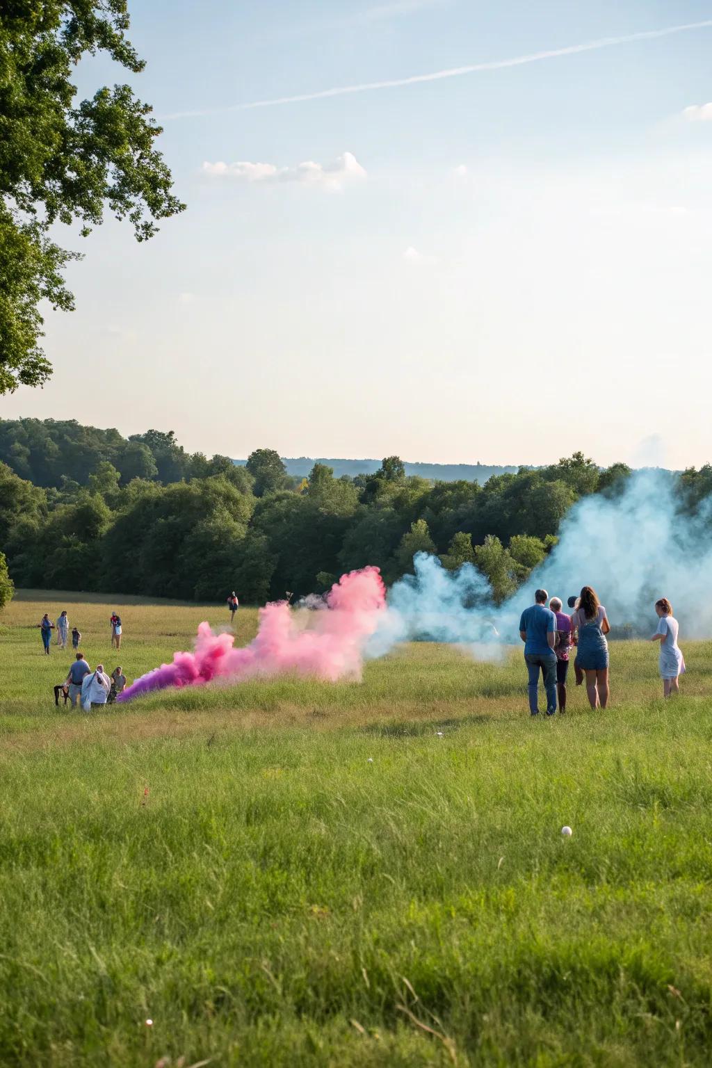 Colored smoke creates a magnificent spectacle that reveals the gender in a vibrant fashion.