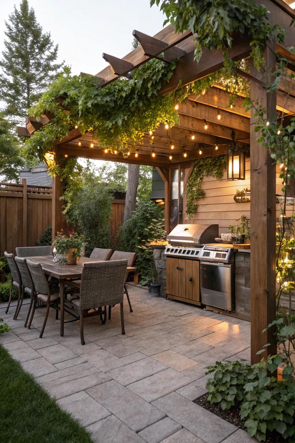 An arbor-covered grilling area that offers shade and a captivating appeal.